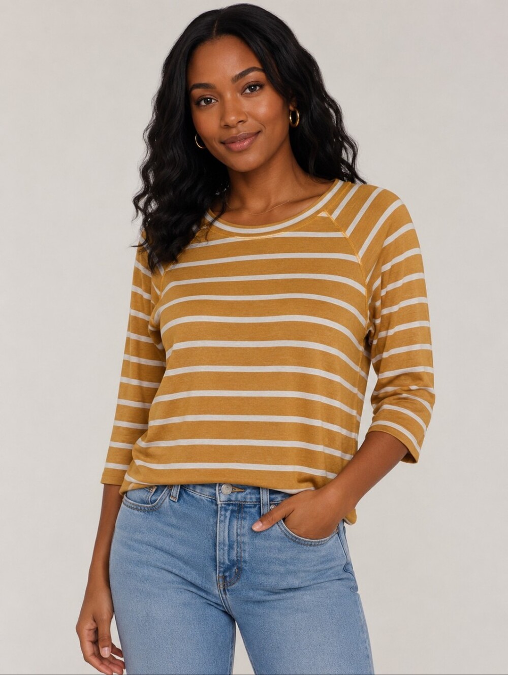 41 Hawthorne Mustard Yellow Striped Raglan 3/4 Sleeve Top Size Small